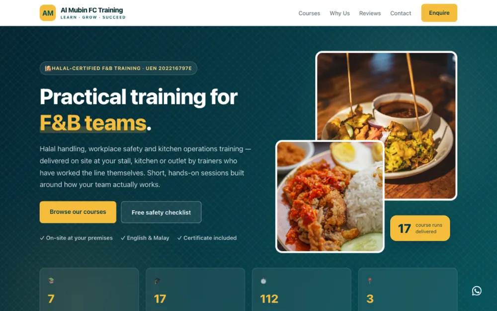 Screenshot of the Al Mubin Training Pte Ltd website homepage